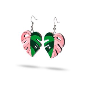 Aretes Colgantes Monstera Pink